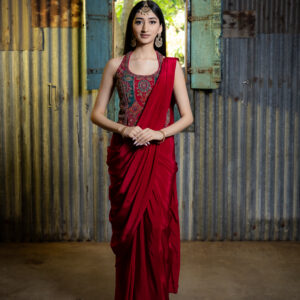 Pret: Crimson Contemporary Pre-draped Sari with Two-tone Corset