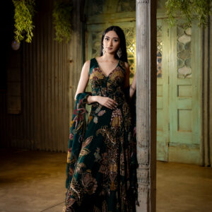Lehenga: Midnight Green with Floral Motifs with Embellished Corset-Blouse & Dupatta