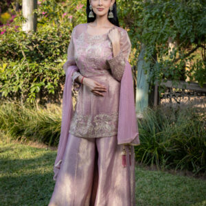 Pret: Light Mauve Tissue Embellished Kurta & Tailored Trouser & Dupatta