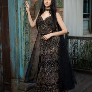 Lehenga: Black & Gold Embellished Mermaid Cut with Corset & Choker Dupatta