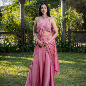 Pret: Rose Pink Pre-Draped Saree with Embellished Blouse