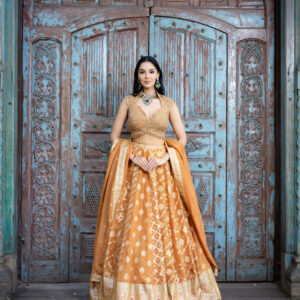 Lehenga: Mustard Gold Silk Multi Panel with Embellished Blouse & Dupatta