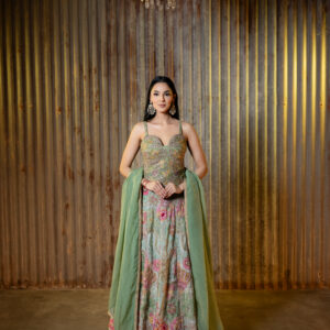 Lehenga: Sage with Floral Design with Embellished Corset & Dupatta